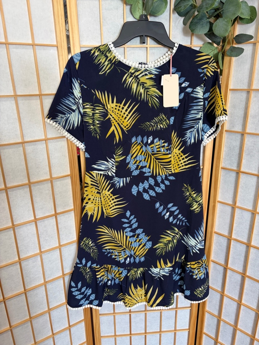 Navy Tropical Print Ruffle Hem Dress with Pom Trim
